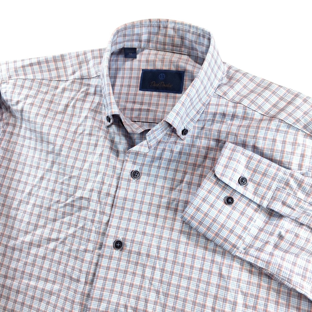 David Donahue Button Down Shirt Mens Medium Blue Orange Plaid Cotton Long Sleeve